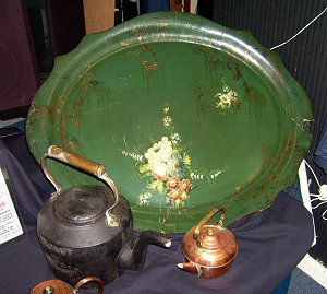 opper wares, there was a cast iron kettle by Holcroft and a huge and decrepit japanned papier mache tea tray
