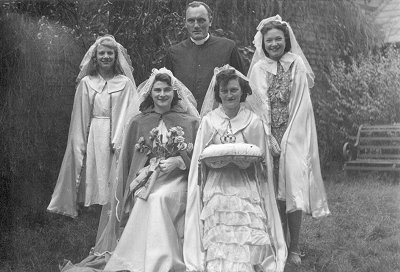 With Father Timothy Connolly are, left to right: Frances Taylor (my sister), Barabara Horton, Sylvia Smith, Hilda Stanley.